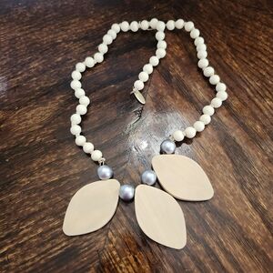 Lightweight Beaded Statement Necklace Wood Leaf Pendant Neutral Boho Chic